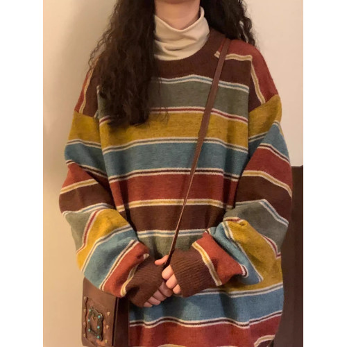 秋冬新款美式復古條紋寬松針織上衣慵懶學院風圓領百搭毛衣外穿女