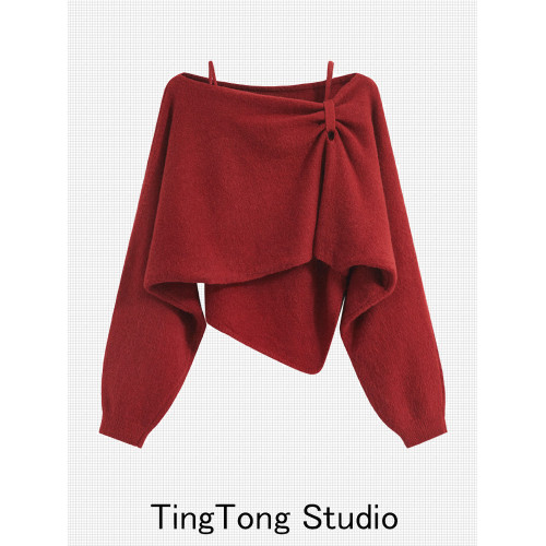 聖誕款紅色不規則毛衣兩件套女2024秋冬新款氛圍感一字肩針織上衣