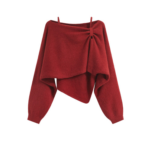 聖誕款紅色不規則毛衣兩件套女2024秋冬新款氛圍感一字肩針織上衣