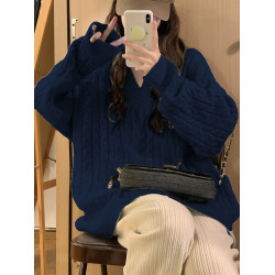 大碼胖MM藏藍色oversize軟糯慵懶V領麻花毛衣女學生加厚針織上衣