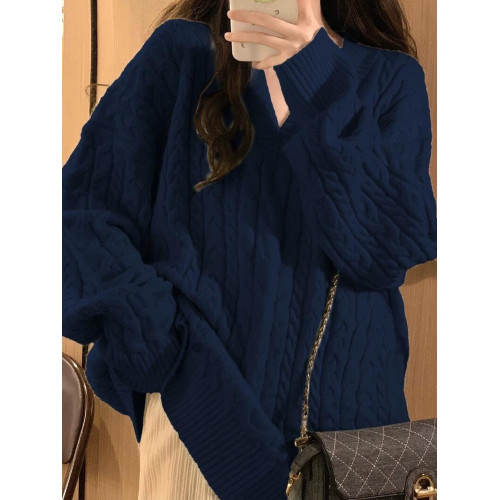 大碼胖MM藏藍色oversize軟糯慵懶V領麻花毛衣女學生加厚針織上衣