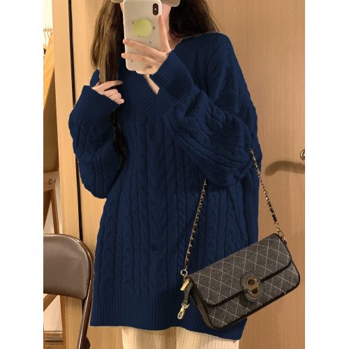 大碼胖MM藏藍色oversize軟糯慵懶V領麻花毛衣女學生加厚針織上衣