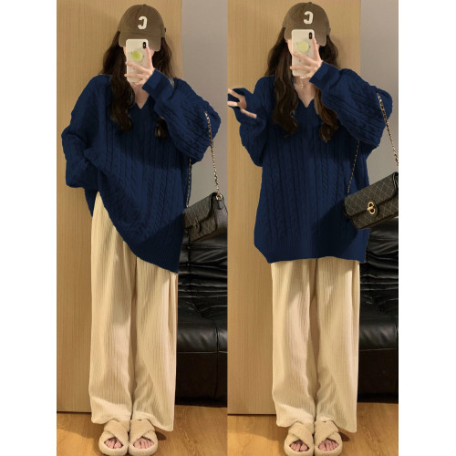 大碼胖MM藏藍色oversize軟糯慵懶V領麻花毛衣女學生加厚針織上衣