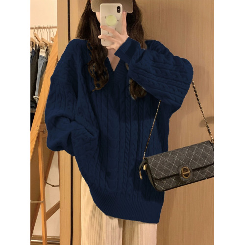 大碼胖MM藏藍色oversize軟糯慵懶V領麻花毛衣女學生加厚針織上衣