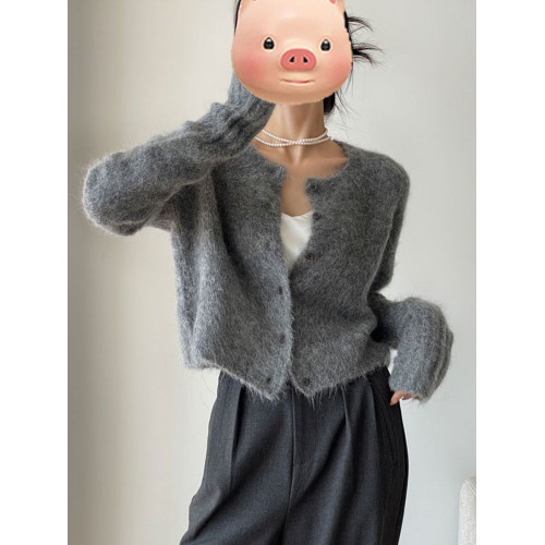 灰色軟糯馬海毛毛衣外套女2025新款早秋季新款短款高級感針織開衫