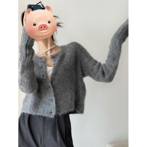 灰色軟糯馬海毛毛衣外套女2025新款早秋季新款短款高級感針織開衫