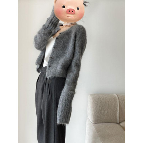 灰色軟糯馬海毛毛衣外套女2025新款早秋季新款短款高級感針織開衫