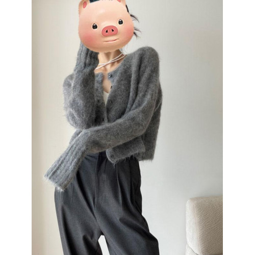 灰色軟糯馬海毛毛衣外套女2025新款早秋季新款短款高級感針織開衫