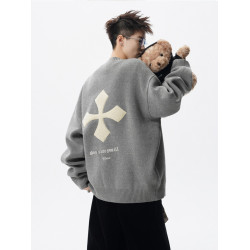 美式復古開衫針織毛衣男冬季慵懶風髮泡印花上衣高街小衆情侶外套