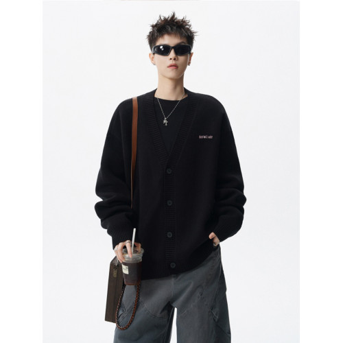 美式復古開衫針織毛衣男冬季慵懶風髮泡印花上衣高街小衆情侶外套