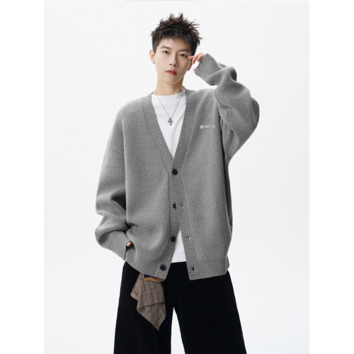 美式復古開衫針織毛衣男冬季慵懶風髮泡印花上衣高街小衆情侶外套