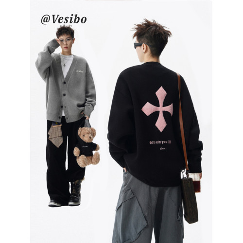 美式復古開衫針織毛衣男冬季慵懶風髮泡印花上衣高街小衆情侶外套