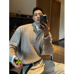 亨利領假兩件毛衣男款潮牌美式復古高級感針織衫POLO打底麻花線衣