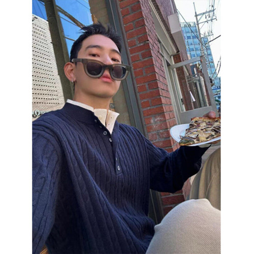 亨利領假兩件毛衣男款潮牌美式復古高級感針織衫POLO打底麻花線衣 亨利領假兩件毛衣男款潮牌美式復古高級感針織衫POLO打底麻花線衣