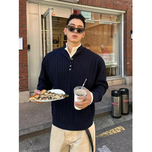 亨利領假兩件毛衣男款潮牌美式復古高級感針織衫POLO打底麻花線衣 亨利領假兩件毛衣男款潮牌美式復古高級感針織衫POLO打底麻花線衣