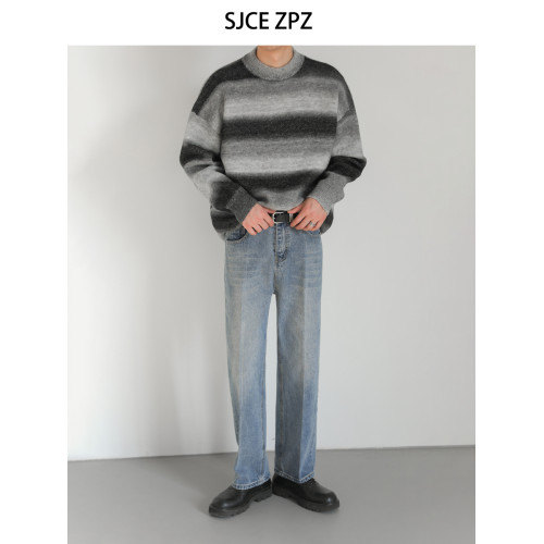 ZPZ秋冬季上衣羊毛衫韓系寬松圓領針織衫 男潮流撞色條紋套頭毛衣 ZPZ秋冬季上衣羊毛衫韓系寬松圓領針織衫 男潮流撞色條紋套頭毛衣