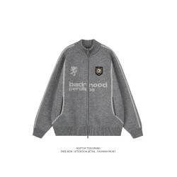 WHXS球服風高領開衫毛衣國潮牌寬松復古秋冬季針織衫拉鍊外套男