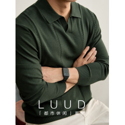 LUUD 男士秋冬軍綠色海鷗領POLO衫毛衣縱向絞花紋理沉穩雅致長袖
