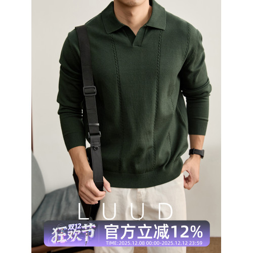 LUUD 男士秋冬軍綠色海鷗領POLO衫毛衣縱向絞花紋理沉穩雅致長袖 LUUD 男士秋冬軍綠色海鷗領POLO衫毛衣縱向絞花紋理沉穩雅致長袖