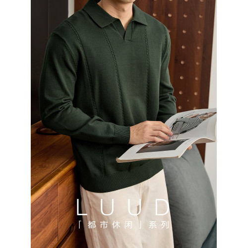 LUUD 男士秋冬軍綠色海鷗領POLO衫毛衣縱向絞花紋理沉穩雅致長袖 LUUD 男士秋冬軍綠色海鷗領POLO衫毛衣縱向絞花紋理沉穩雅致長袖