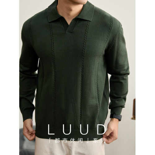 LUUD 男士秋冬軍綠色海鷗領POLO衫毛衣縱向絞花紋理沉穩雅致長袖 LUUD 男士秋冬軍綠色海鷗領POLO衫毛衣縱向絞花紋理沉穩雅致長袖