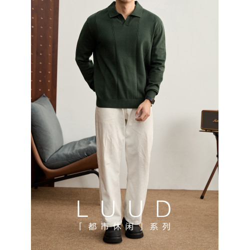 LUUD 男士秋冬軍綠色海鷗領POLO衫毛衣縱向絞花紋理沉穩雅致長袖 LUUD 男士秋冬軍綠色海鷗領POLO衫毛衣縱向絞花紋理沉穩雅致長袖