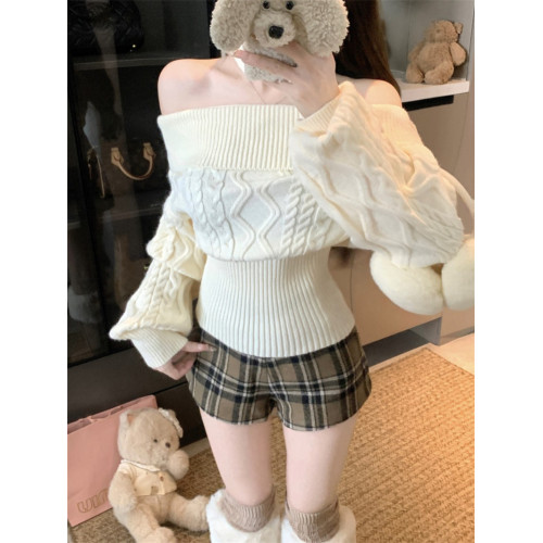 一字肩淺杏色長袖套頭毛衣女秋冬麻花修身針織衫溫柔韓系百搭上衣