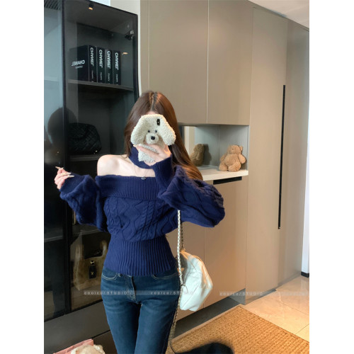 一字肩淺杏色長袖套頭毛衣女秋冬麻花修身針織衫溫柔韓系百搭上衣