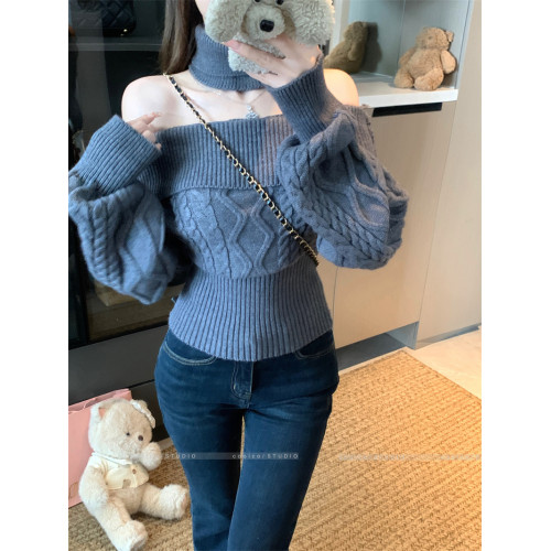 一字肩淺杏色長袖套頭毛衣女秋冬麻花修身針織衫溫柔韓系百搭上衣