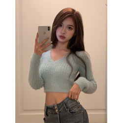 水貂毛絨套頭性感針織衫短款v領毛衣女秋冬法式奶系溫柔長袖上衣