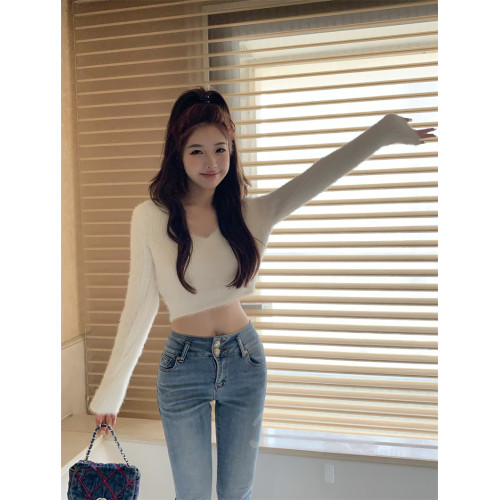 水貂毛絨套頭性感針織衫短款v領毛衣女秋冬法式奶系溫柔長袖上衣