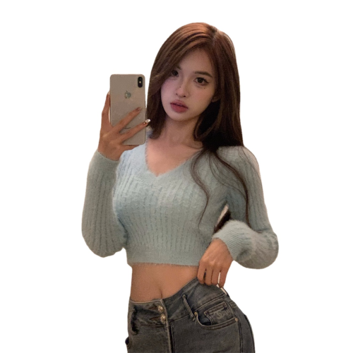 水貂毛絨套頭性感針織衫短款v領毛衣女秋冬法式奶系溫柔長袖上衣