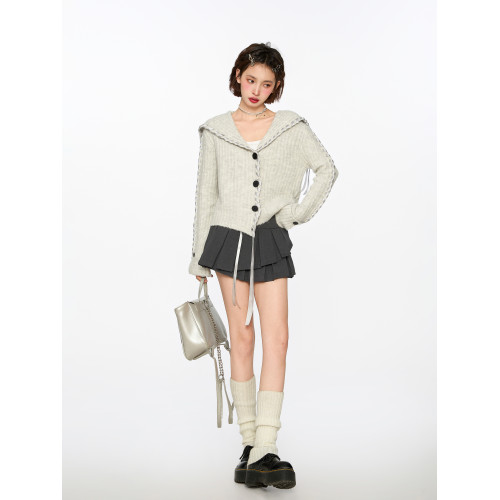 灰色海軍領v領針織毛衣女春秋秋冬2025新款短款冬季上衣開衫外套