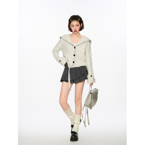 灰色海軍領v領針織毛衣女春秋秋冬2025新款短款冬季上衣開衫外套