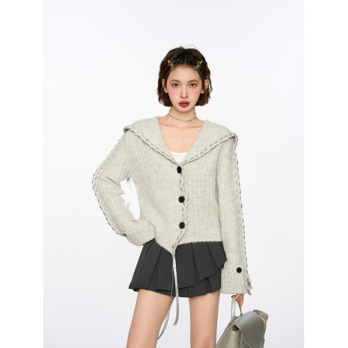 灰色海軍領v領針織毛衣女春秋秋冬2025新款短款冬季上衣開衫外套