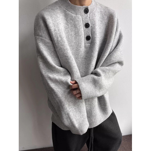 灰色亨利領加絨毛衣男款秋冬季慵懶高級感針織衫加厚美式內搭打底 灰色亨利領加絨毛衣男款秋冬季慵懶高級感針織衫加厚美式內搭打底