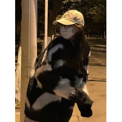 oversize！慵懶風長袖黑白撞色毛衣女秋裝寬松圓領馬海毛針織衫潮