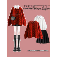 大碼女秋冬新年套裝胖mm顯瘦遮肉聖誕節紅色毛衣襯衫百褶裙兩件套