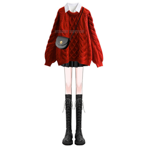 大碼女秋冬新年套裝胖mm顯瘦遮肉聖誕節紅色毛衣襯衫百褶裙兩件套 大碼女秋冬新年套裝胖mm顯瘦遮肉聖誕節紅色毛衣襯衫百褶裙兩件套