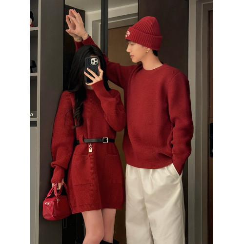 紅色情侶裝毛衣一裙一衣高級感聖誕過年本命年領証登記針織衫男女 紅色情侶裝毛衣一裙一衣高級感聖誕過年本命年領証登記針織衫男女