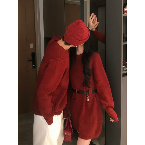 紅色情侶裝毛衣一裙一衣高級感聖誕過年本命年領証登記針織衫男女 紅色情侶裝毛衣一裙一衣高級感聖誕過年本命年領証登記針織衫男女