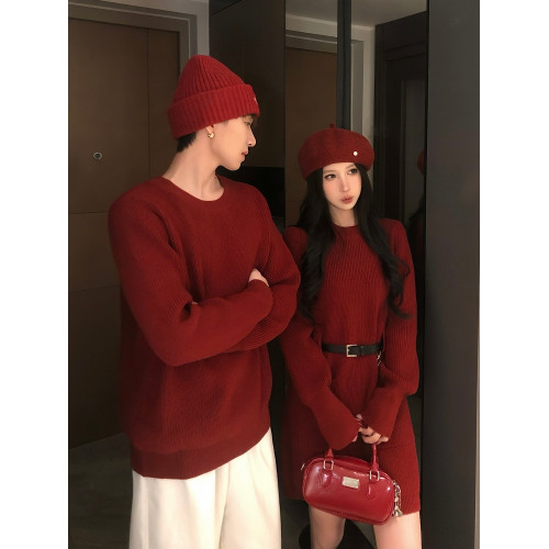 紅色情侶裝毛衣一裙一衣高級感聖誕過年本命年領証登記針織衫男女 紅色情侶裝毛衣一裙一衣高級感聖誕過年本命年領証登記針織衫男女