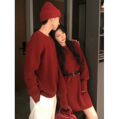 紅色情侶裝毛衣一裙一衣高級感聖誕過年本命年領証登記針織衫男女 紅色情侶裝毛衣一裙一衣高級感聖誕過年本命年領証登記針織衫男女