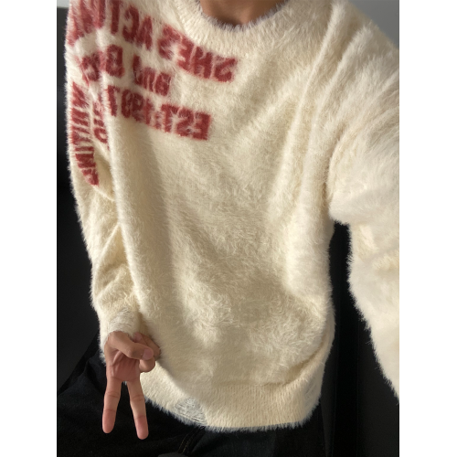 美式潮牌仿貂刷毛軟糯秋冬毛衣男復古創意提花字母寬松情侶針織衫 美式潮牌仿貂刷毛軟糯秋冬毛衣男復古創意提花字母寬松情侶針織衫