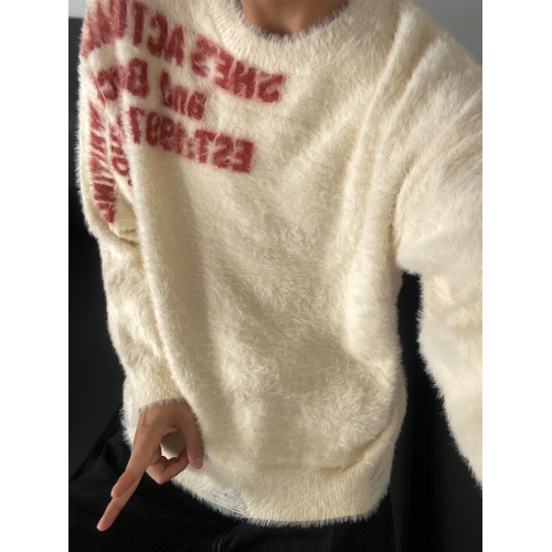 美式潮牌仿貂刷毛軟糯秋冬毛衣男復古創意提花字母寬松情侶針織衫 美式潮牌仿貂刷毛軟糯秋冬毛衣男復古創意提花字母寬松情侶針織衫