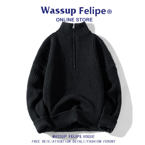 WASSUP FELIPE美式高街半拉鍊高領毛衣男士百搭休閒針織衫外套 WASSUP FELIPE美式高街半拉鍊高領毛衣男士百搭休閒針織衫外套