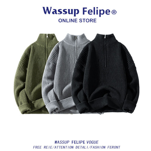 WASSUP FELIPE美式高街半拉鍊高領毛衣男士百搭休閒針織衫外套 WASSUP FELIPE美式高街半拉鍊高領毛衣男士百搭休閒針織衫外套