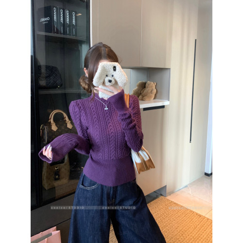 kumikumi辣妹風麻花半高領長袖毛衣女冬季別致修身顯瘦針織衫上衣