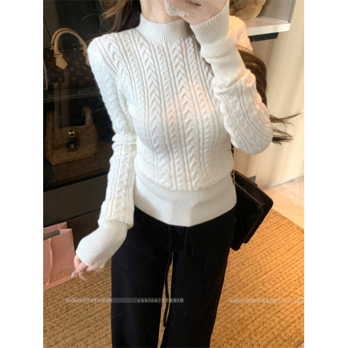 kumikumi辣妹風麻花半高領長袖毛衣女冬季別致修身顯瘦針織衫上衣