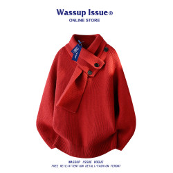 WASSUP ISSUE設計感圍巾領毛衣男款秋冬季潮牌慵懶風針織衫百搭男